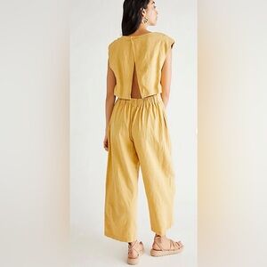 Free People Honey Heat Wave jump suit open back wide leg linen blend pockets S